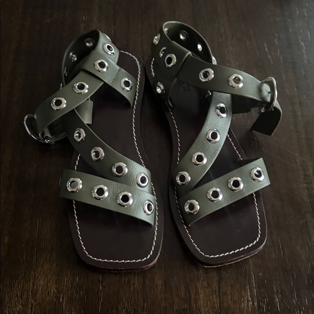 J. Crew Olive Sandals with Silver Accents - Picture 2 of 6